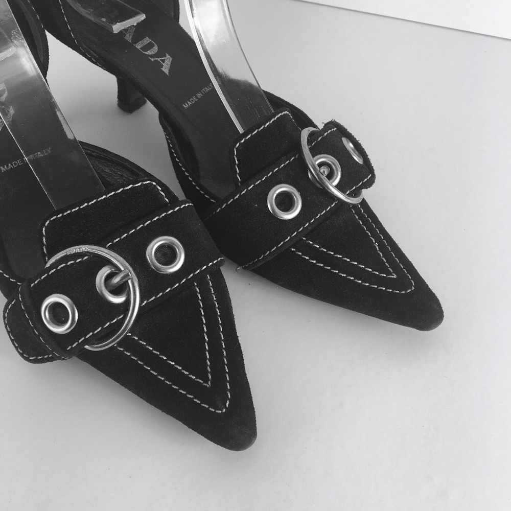 PRADA black suede buckle kitten heel size 35 US5